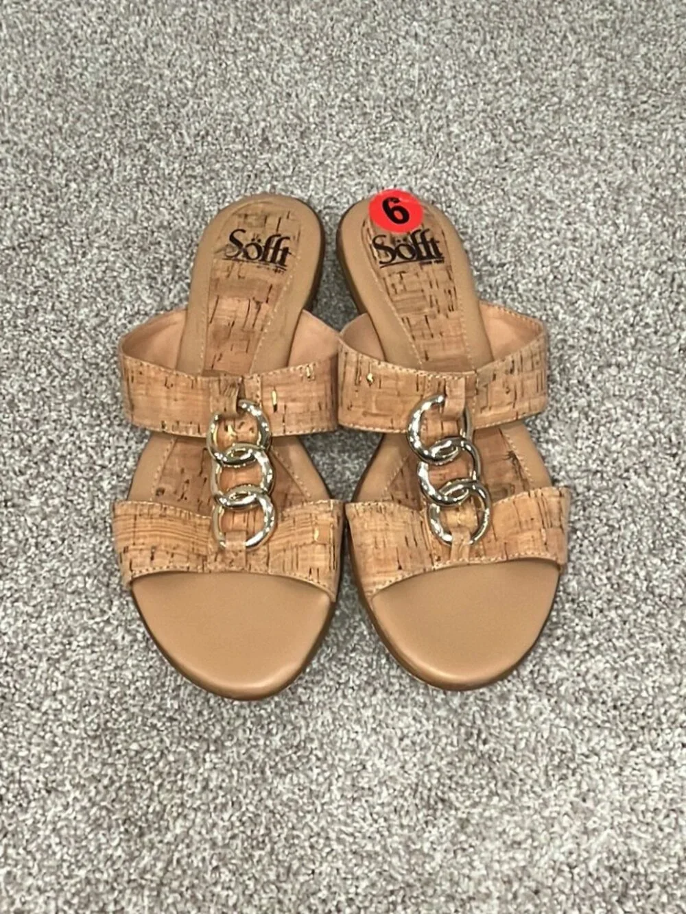 Söfft Tan Cork Texture Leather Sandals Gold Chain Detail Comfort Slides Sz 6 NWT
